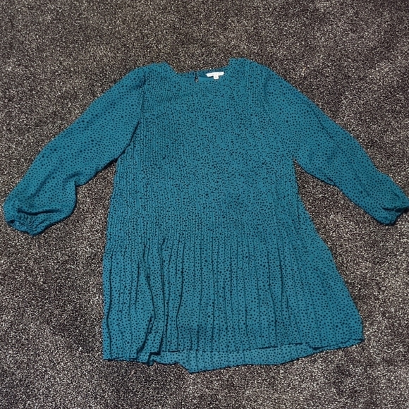 Ophelia Roe Dresses & Skirts - Ophelia Roe Teal Polka Dot Pleated Dress M | Long Sleeve Lined Boho Chic